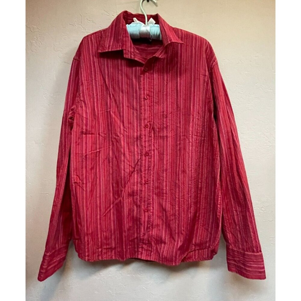 Inizio Men's Large Red Pinstripe Button Up Long Sleeve Casual Shirt Cotton Blend